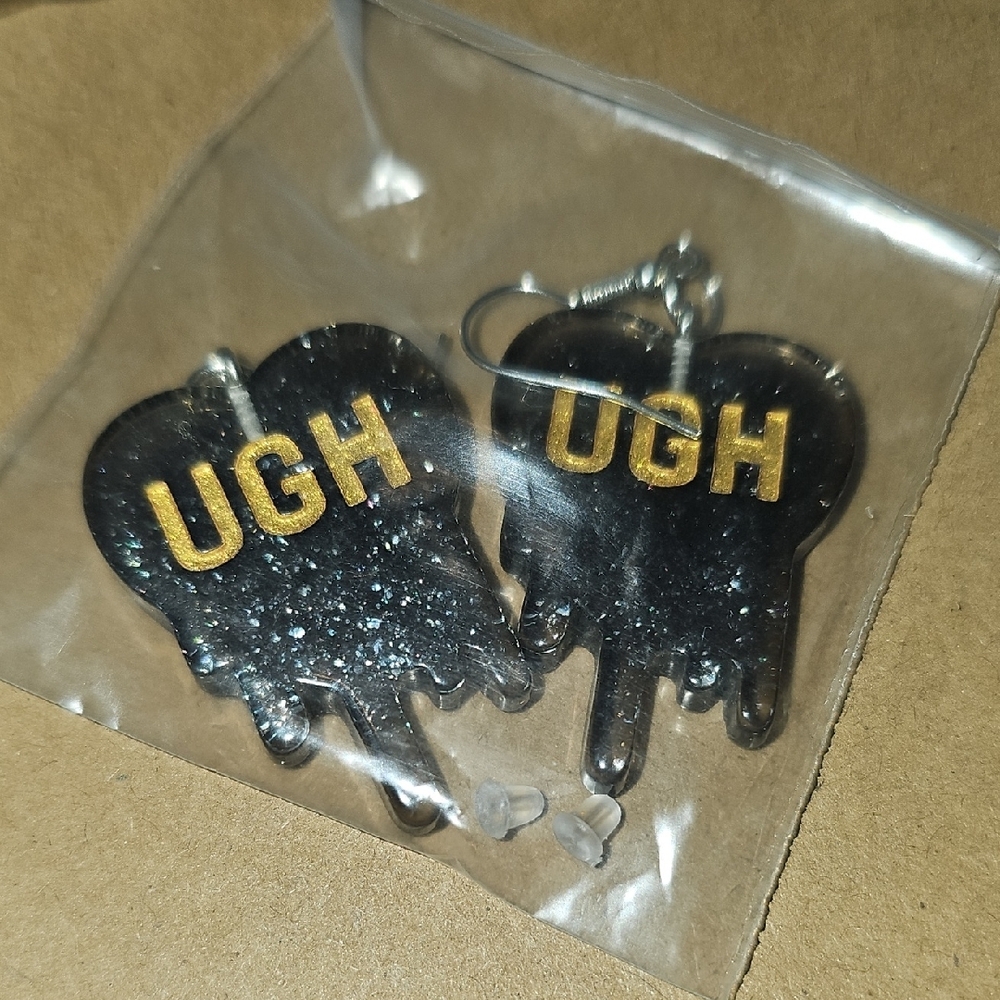 Black and Gold 'UGH' Drip Earrings